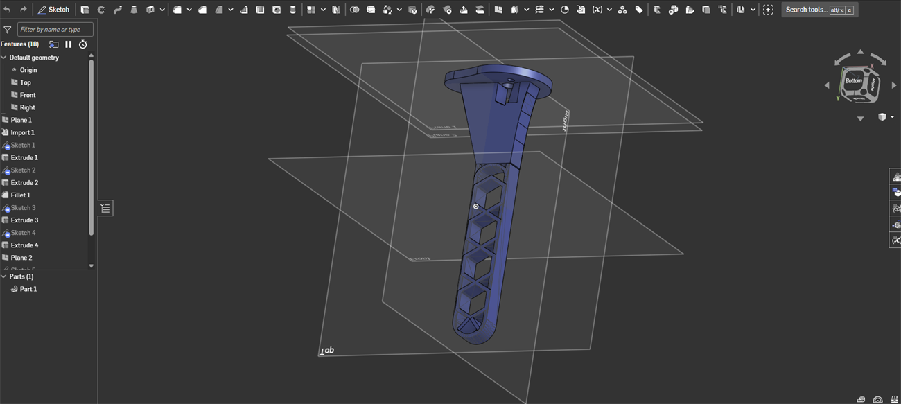 Onshape CAD model of the custom landing leg, showing the motor mounting flange and hex lightening cutouts