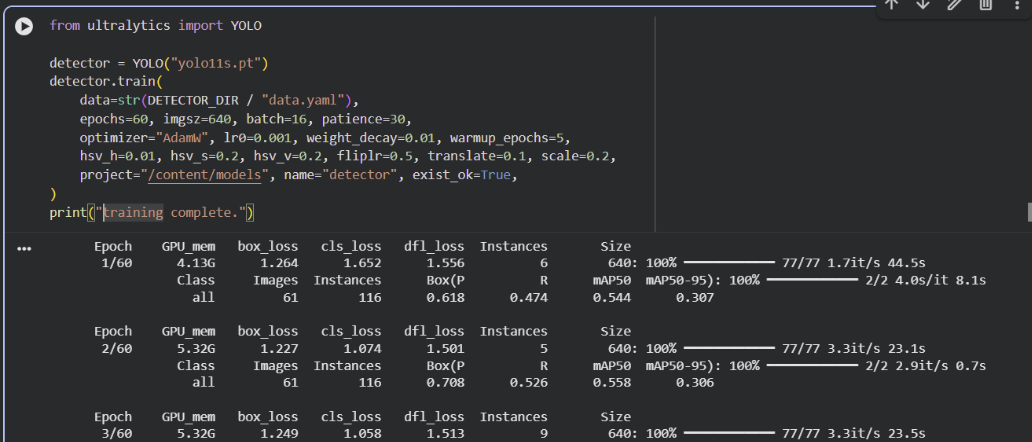 Jupyter notebook cell training the YOLO11 detector, with per-epoch loss and mAP output