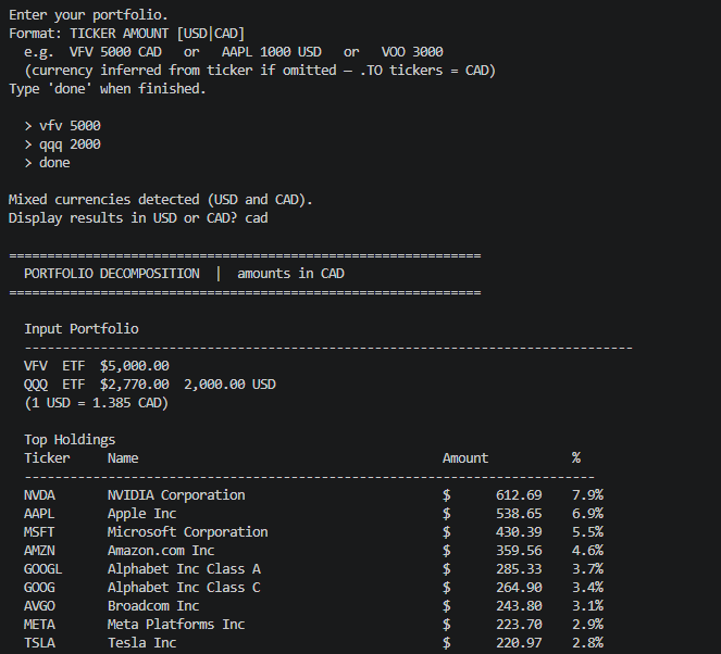 Portfolio Vision Python CLI decomposing a portfolio in the terminal